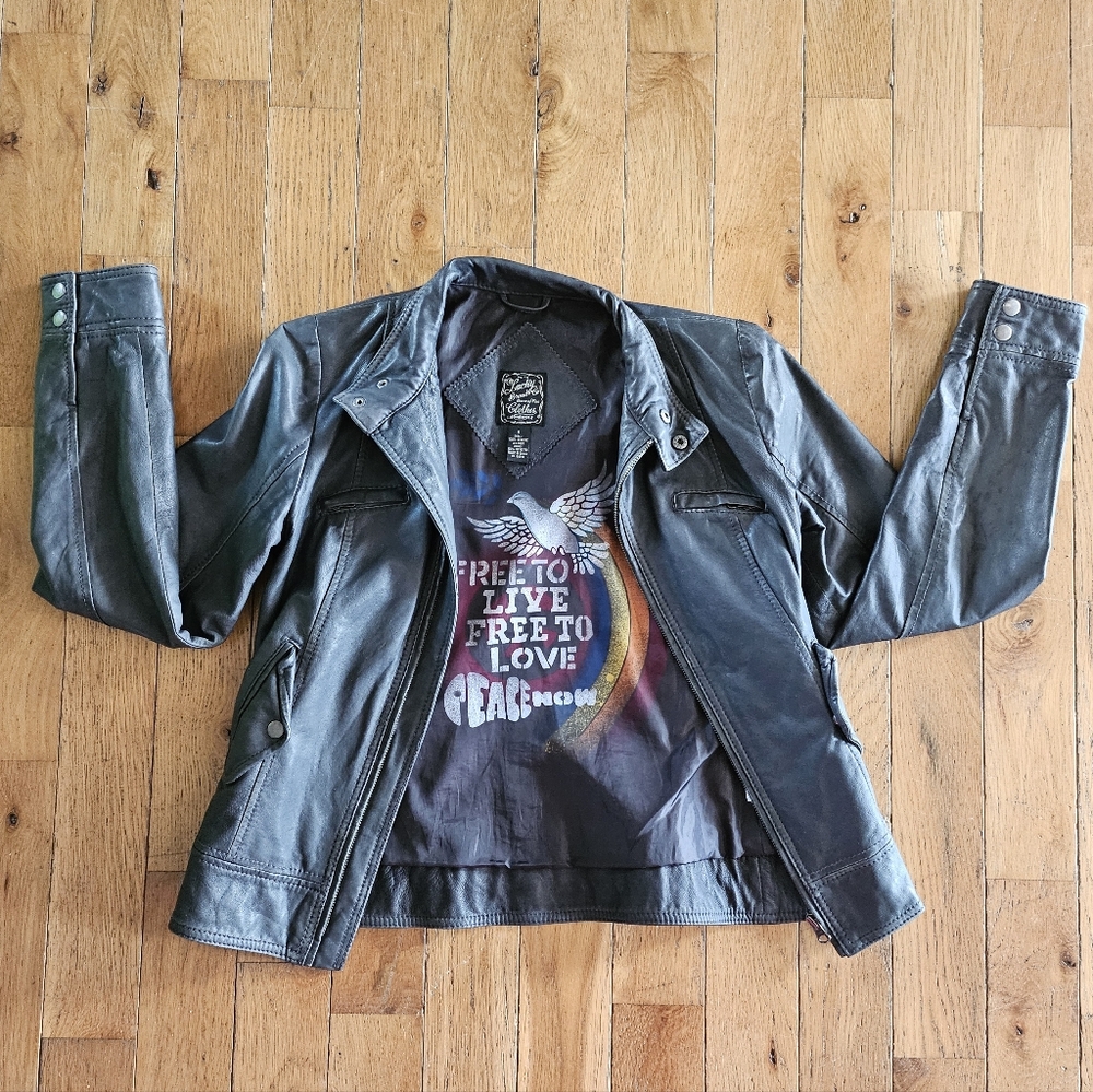 Lucky Brand Gray Leather Moto Jacket S